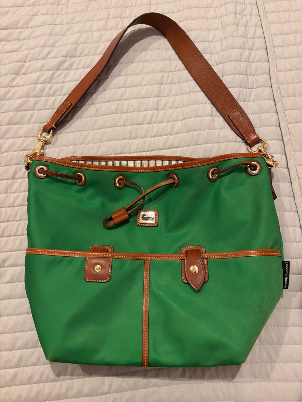 Dooney & Bourke Green Nylon Shoulder Bag with Brown Leather Trim